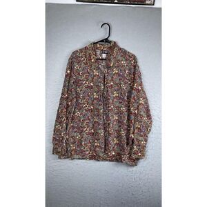 QUO-SILK Shirt Womens Medium Brown Paisley 100% Silk Button Front Long Sleeve